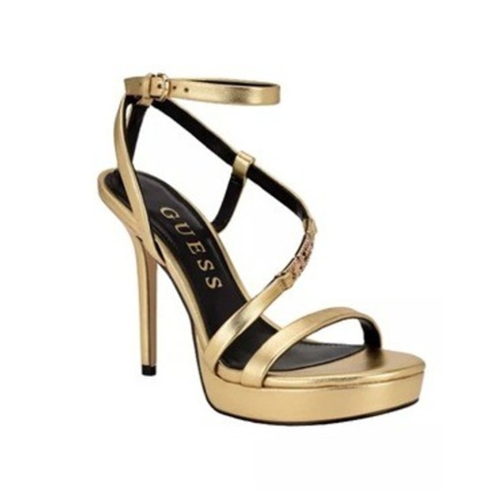 Guess Lucier‎ Gold Metallic Platform Stiletto Sandals Rhinestone Logo Women 9M